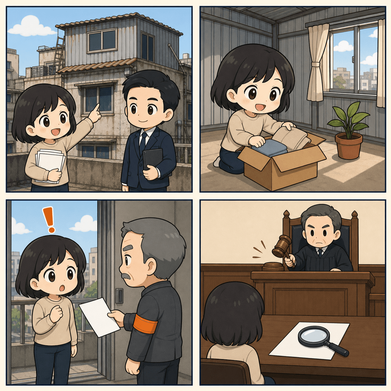 Q 版四格漫畫:買方看屋簽約、開心入住頂樓加蓋、管委會伯伯上門通知、法庭審理
