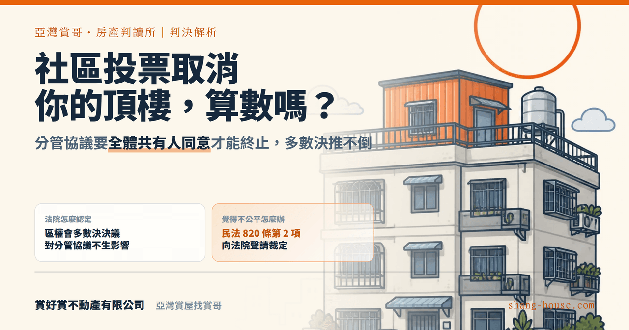 社區開會投票就能收回你的頂樓？一則 3,000 萬的判決，把「分管協議」講到你聽得懂